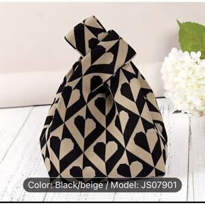 Cute Knit Handbag Bag - Beige And Black Hearts